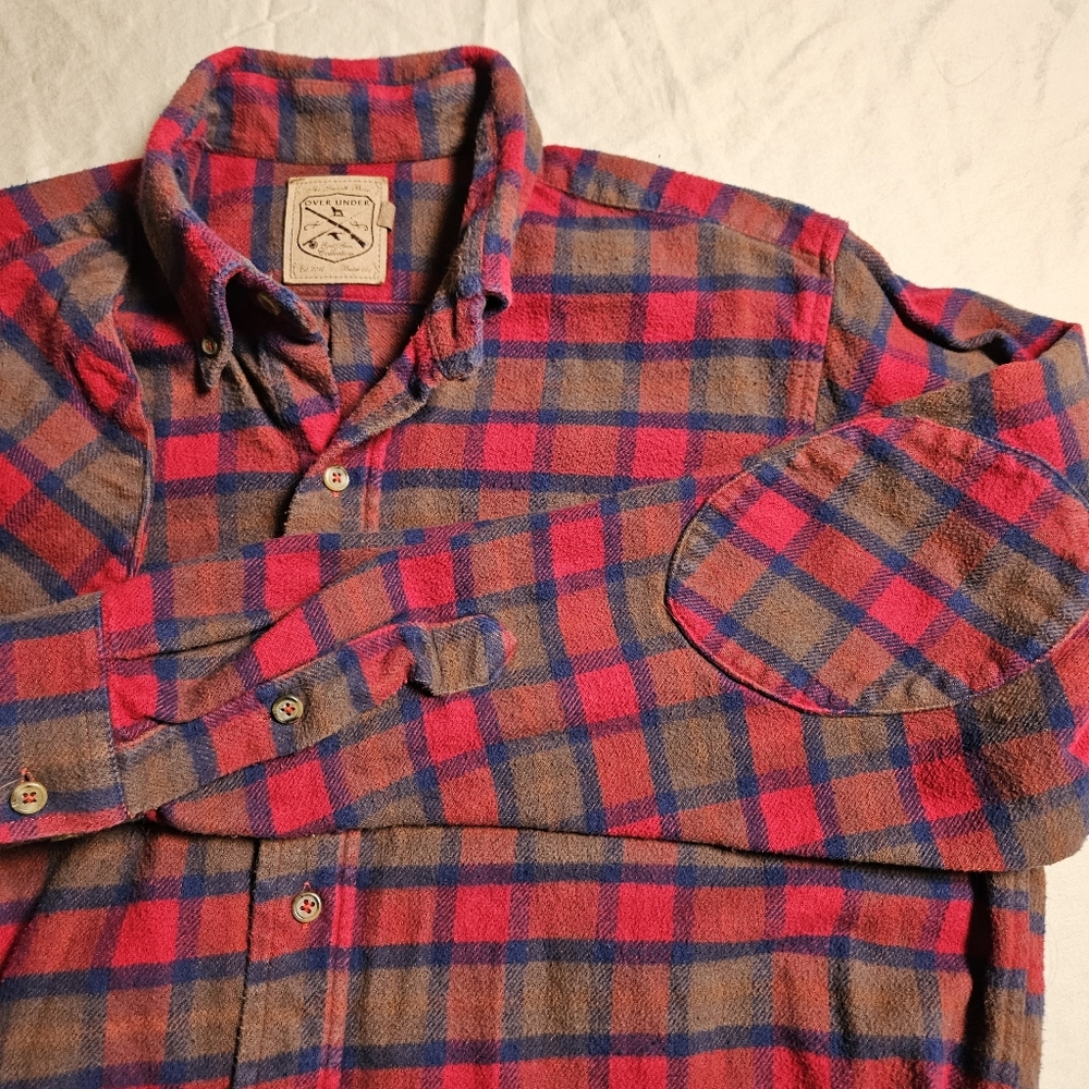 Over Under Mens Large Flannel Shooting Shirt Red‎ Blue Green Plaid Elbow Patch